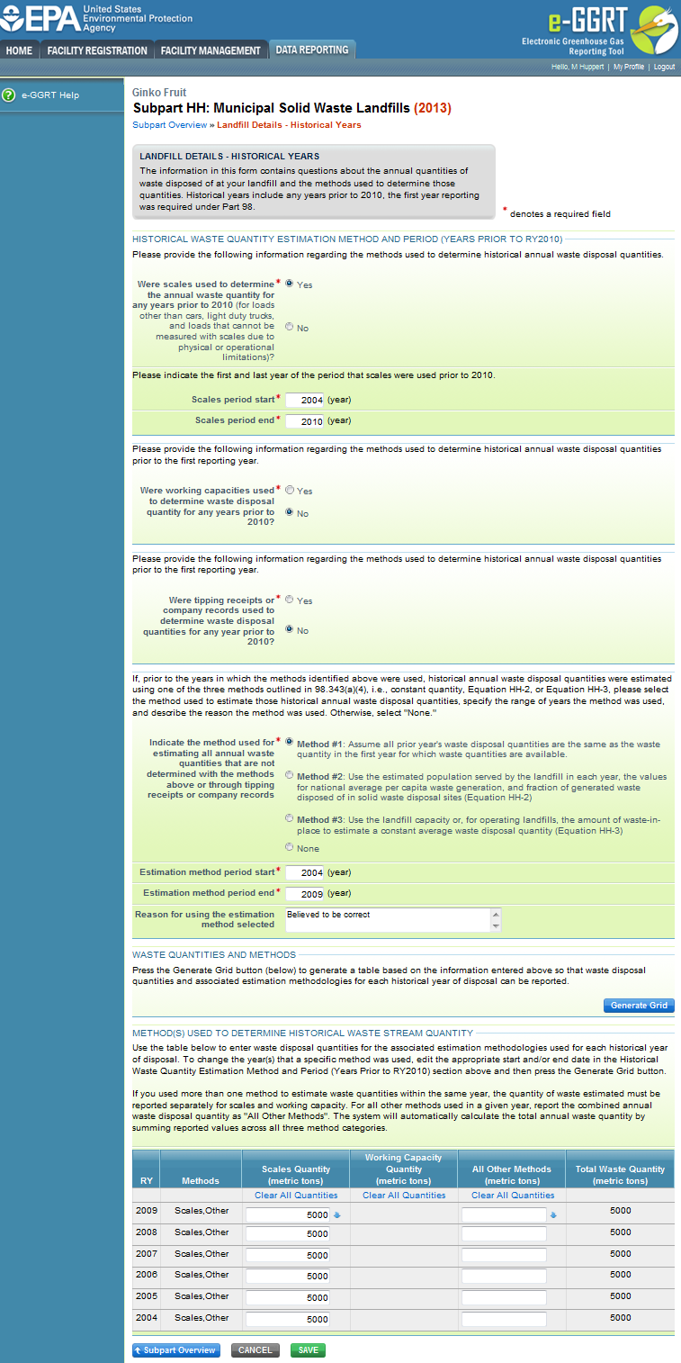 Subpart HH: Landfill Details - Historical Years with Method #1 Selected